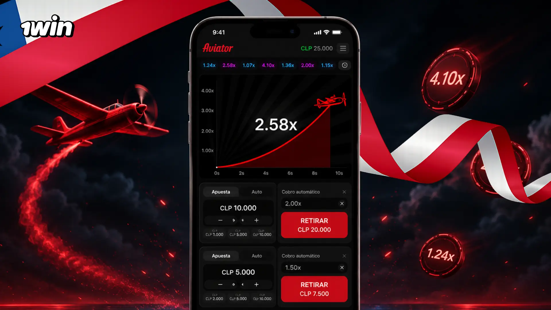 Catálogo de juegos crash de 1win Chile con Aviator en la app móvil