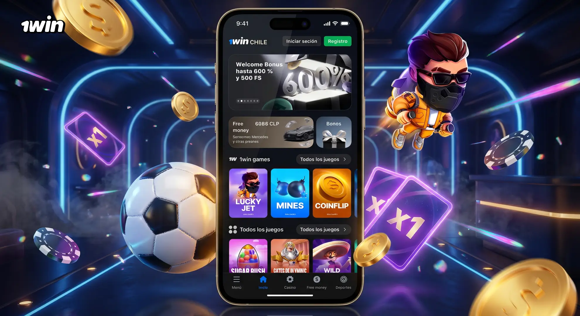App de 1win Chile con bono de bienvenida y juegos en el móvil