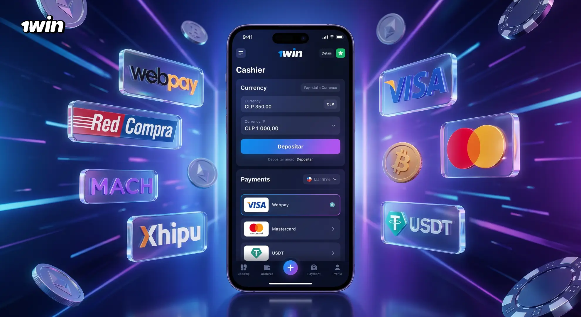 Métodos de pago de 1win Chile: Webpay, Mach, Visa y cripto